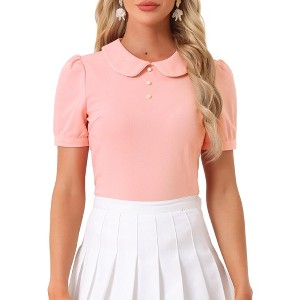 INSPIRE CHIC Women's Summer Peter Pan Collar Contrast Trim Puff Short Sleeve Blouse - 1 of 4
