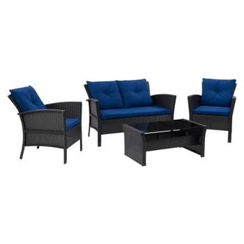 Cascade 4pc Wicker Rattan Patio Set with Cushions - Navy - CorLiving