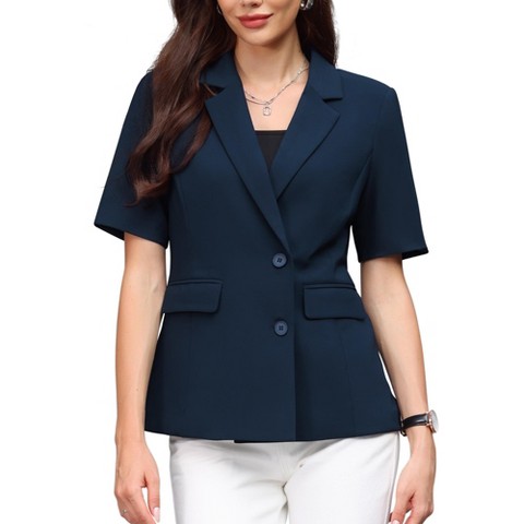 INSPIRE CHIC Women's Business Casual Short Sleeve Notched Lapel Collar Summer Work Blazers X-Large Navy Blue