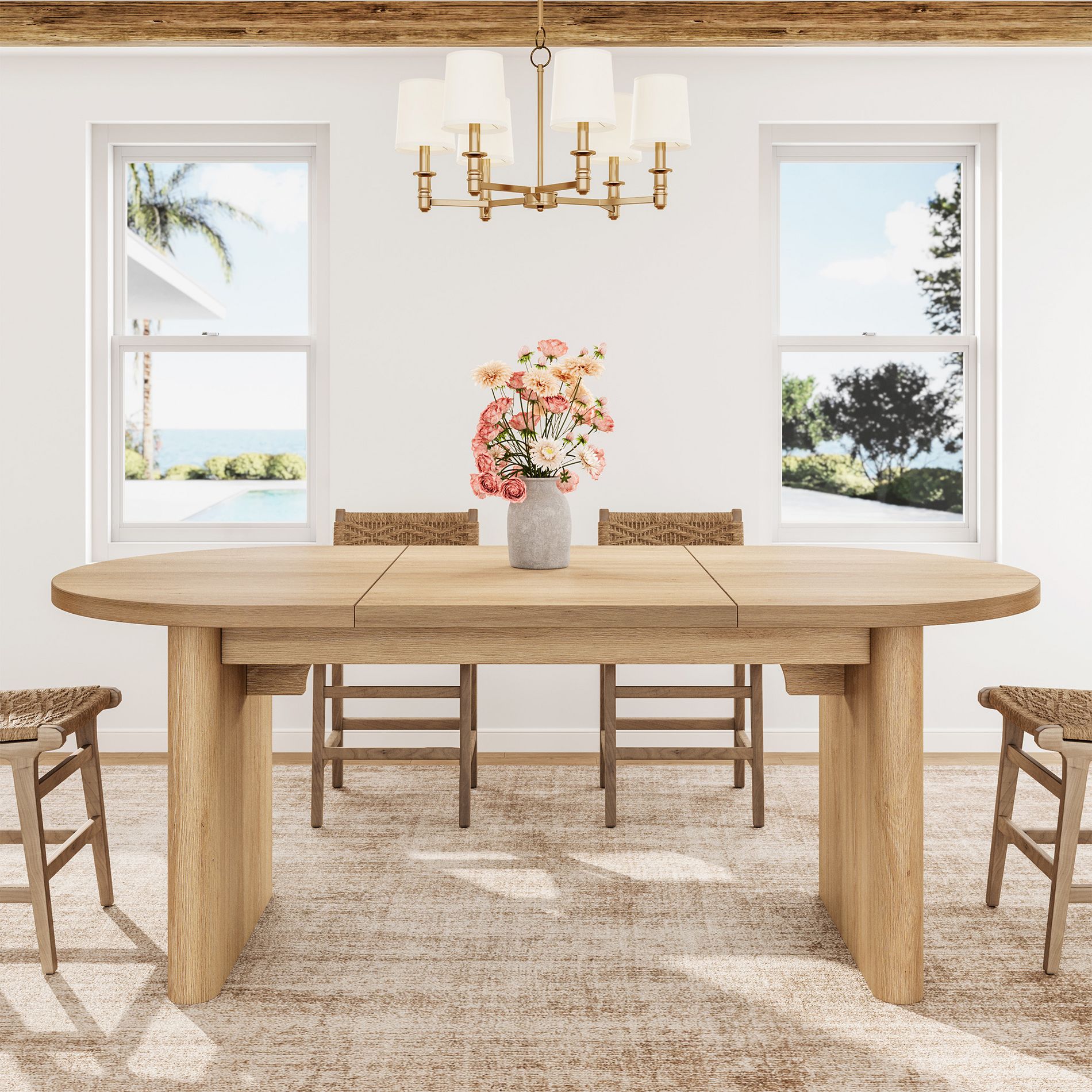 70.8 Inch Oval Dining Table for 6-8 People, Farmhouse Long Large Kitchen Table with Thick Sturdy Wooden Base for Living Room Natural