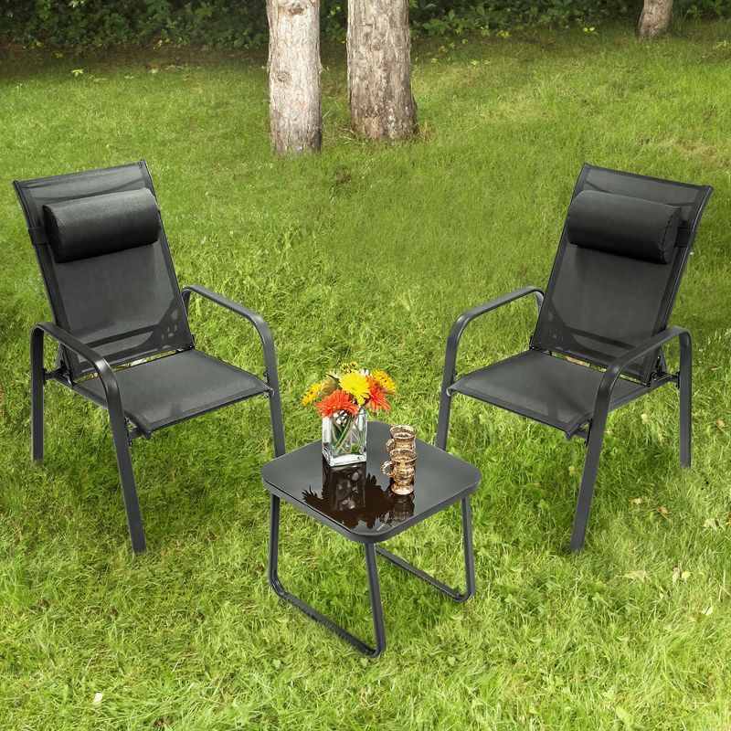 Costway 3PCS Patio Bistro Furniture Set Adjustable Back Stackable Chairs Brown\Black, 1 of 11