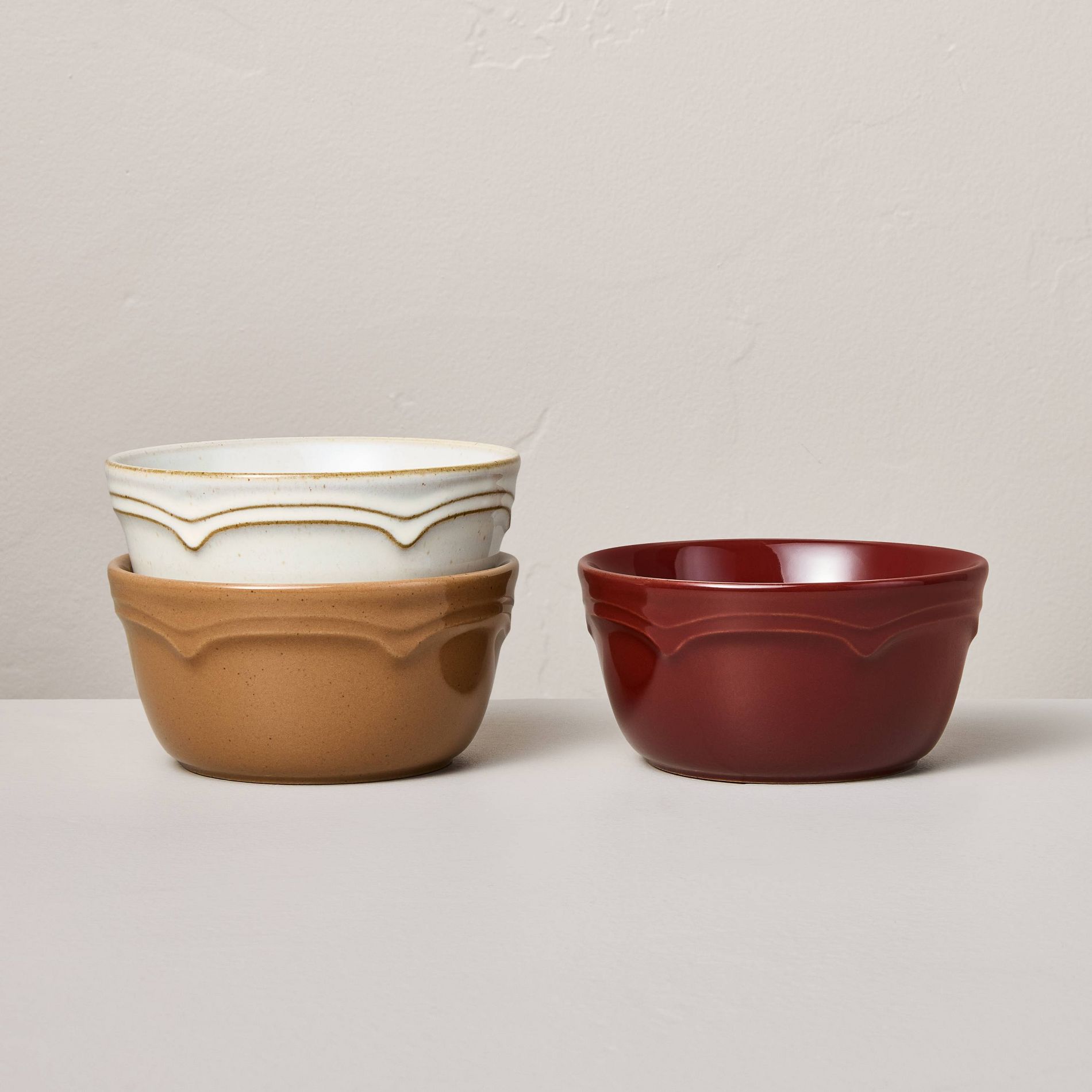 Set of 3 10.21 fl oz Ceramic Mini Bowls Green/Tan/Sour Cream/Burgundy - Hearth & Hand™ with Magnolia