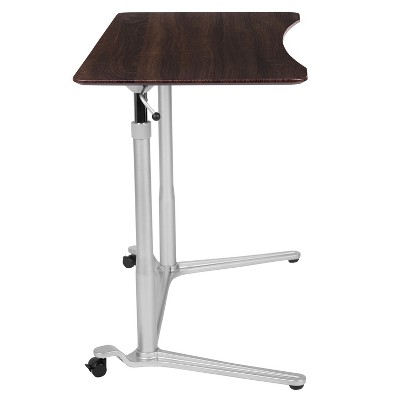 Adjustable Dark Wood Grain Sit/Stand Mobile Desk with Keyboard Tray
