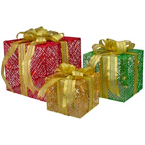 Northlight Set of 3 LED Lighted Red, Green and Gold Glitter Gift Boxes Outdoor Christmas Decoration - 1 of 2