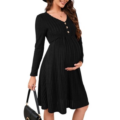Women's Maternity V Neck Dress Casual Long Sleeve Knit Midi Sweater Dress with Pocket Photoshoot Baby Shower