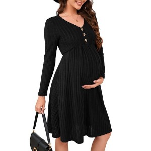Women's Maternity V Neck Dress Casual Long Sleeve Knit Midi Sweater Dress with Pocket Photoshoot Baby Shower - 1 of 4