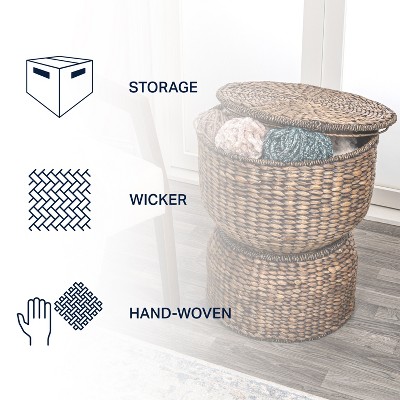 18" Brown Wash Handwoven Hyacinth Storage Accent Table
