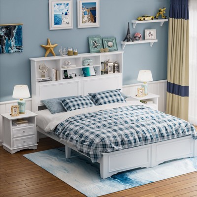 Brafabhome Farmhouse High Headboard Queen Bed Frame with Storage Shelves, Rustic Wood Platform Bed with Charging Station for Bedroom Apartment | White