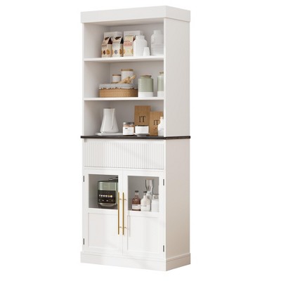 70" Kitchen Pantry Cabinet, Tall Bookcase with Open Shelves and Fluted Drawer, Floor Standing Bookshelf with Glass Doors
