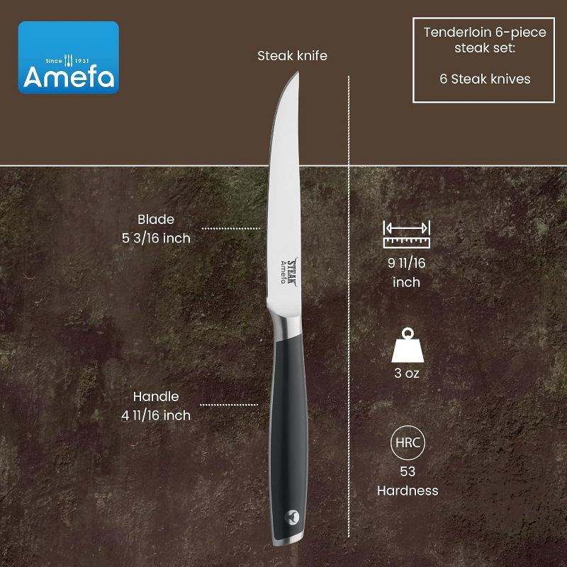 Amefa Tenderloin Steak Knives, Set Of 6, Premium High Carbon MOV Stainless Steel, Ergonomic Handle Design, Straight Edge 5 Inch Blade Steak Knife, 2 of 8