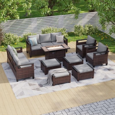 Sonkuki 9 Pieces Patio Sofa with Rectangle Fire Pit Table and Ottomans, Patio Conversation Couch with Cushion