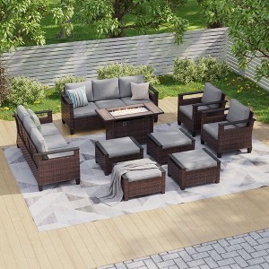 Sonkuki 9 Pieces Patio Sofa with Rectangle Fire Pit Table and Ottomans, Patio Conversation Couch with Cushion - 1 of 4