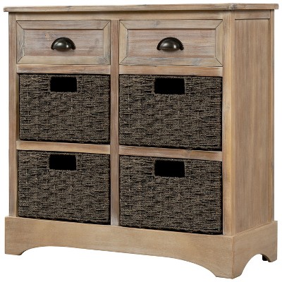 VYNXARIA Rustic Storage Cabinet with Two Drawers and Four Classic Rattan Basket for Dining Room/Living Room
