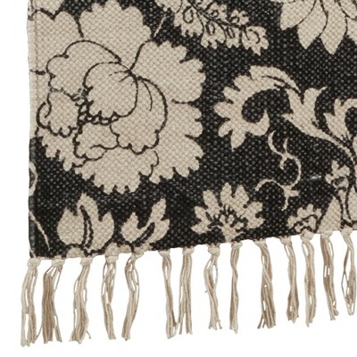Black Floral Cotton Table Runner with Fringe, 16"x72"