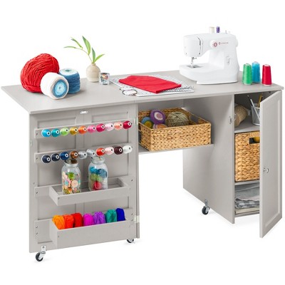 Costway White Folding Sewing Craft Table with Storage Shelves Cabinet  Lockable Wheels 