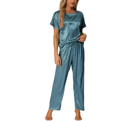 cheibear Womens Satin Pajamas Summer Outfits Short Sleeves Tops with Pants  Silky Lounge Sets Peacock Blue XX Large