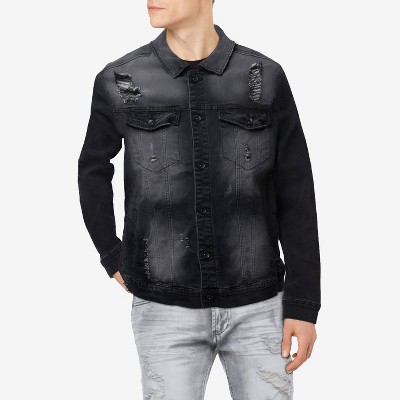 RAW X Men's Washed Ripped Distressed Flex Stretch Casual Trucker Biker Jean Jacket