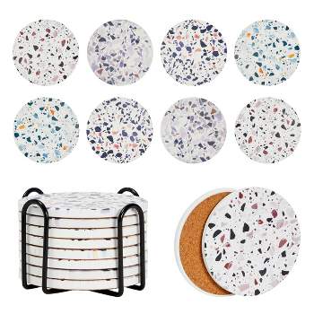 Juvale Set of 8 Round Terrazzo Ceramic Coasters with Holder and Cork Base, Housewarming Gifts, 4 Inches
