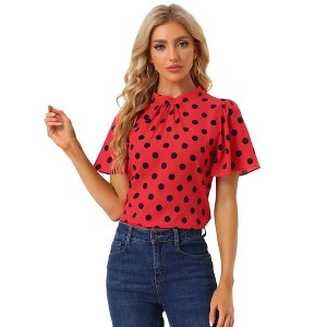 INSPIRE CHIC Women's Polka Dots Stand Collar Pleat Keyhole Back Short Flare Sleeve Tops - 1 of 4
