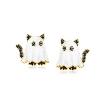 Ross-Simons 0.50 ct. t.w. Black Spinel Ghost Cat Earrings With White Enamel in 18kt Gold Over Sterling