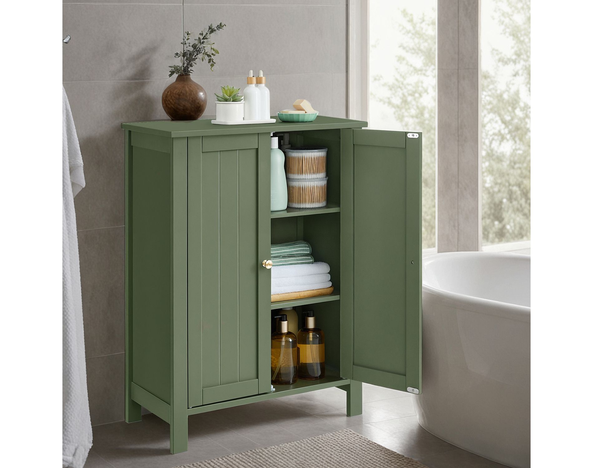Freestanding Storage Cabinet - 2 Adjustable Shelves, Space-Saving Design, Anti-Tip Kit, 23.6" Wide, Forest Green