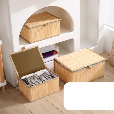 Natural Bamboo Stackable Storage Boxes with Cloth Liner - Set of 3