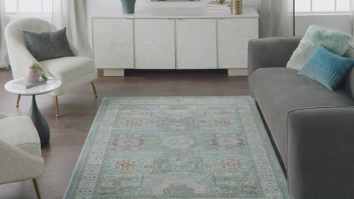 Ivory and Light Blue Synthetic Bohemian Area Rug