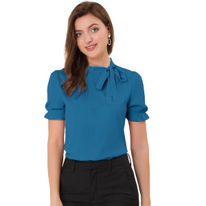 INSPIRE CHIC Women's Bow Tie Neck Solid Color Elastic Cuffs Elegant Office Short Sleeve Blouse - 1 of 4