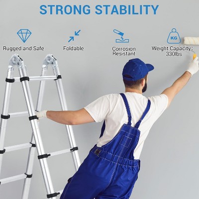 Collapsible Extension Telescoping Ladder with Stabilizers, Balance Bar, Non-Slip Feet, A Frame Lightweight Ladder for Home RV Work, 330Lbs Capacity