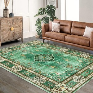 Coucheta Washable Bohemian Area Rug, Distressed Oriental Floral Pattern, Non-Slip Low Pile Carpet for Living & Dining Room, Bedroom, Nursery & Office - 1 of 4
