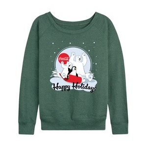 Women's - Coca-Cola - Happy Holiday Sled Lightweight French Terry Wide Neck Long Sleeve Shirt - 1 of 4