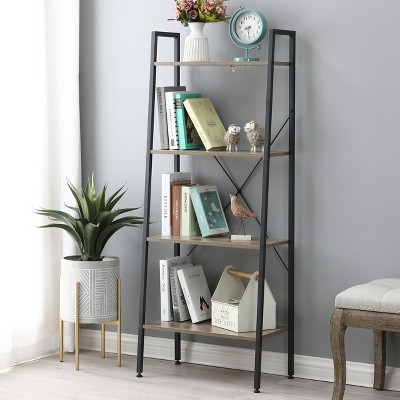 Black Metal and Wood 4-Shelf Ladder Bookcase
