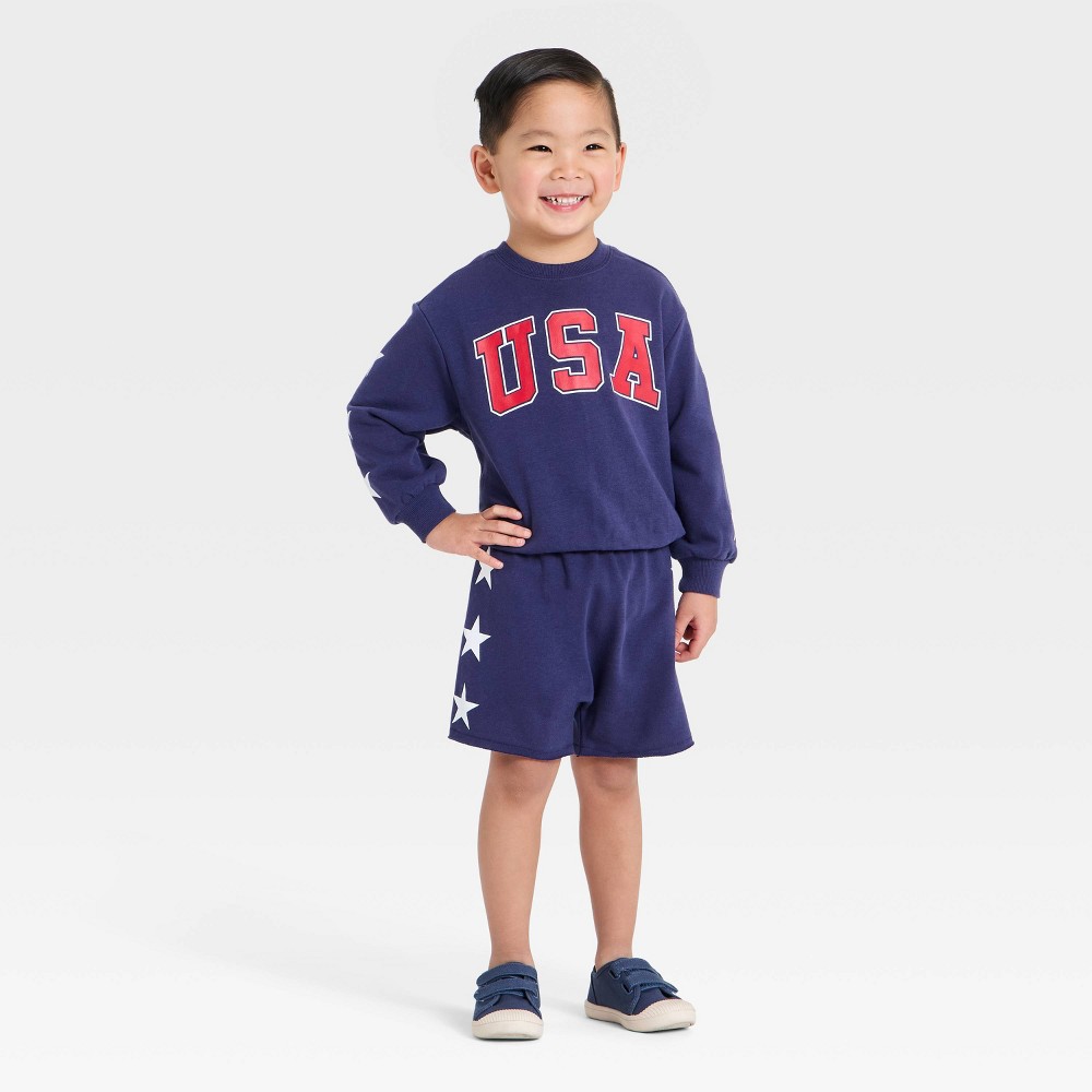 Grayson Mini Toddler Boys' 2pc 4th of July USA Crewneck Sweatshirt & Short Sets - Navy Blue 4T