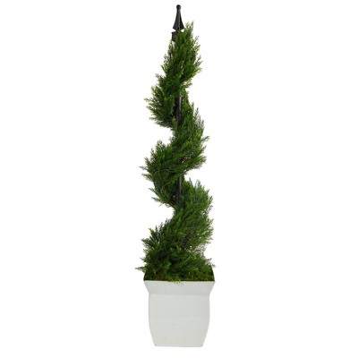 Nearly Natural 4-ft Cypress Spiral Topiary Artificial Tree in White Metal Planter