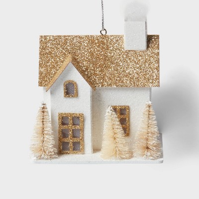 Glittered Paper House with Gold Roof and Bottle Brush Trees Christmas Tree Ornament White - Wondershop™: Indoor Use, 3.5" Height