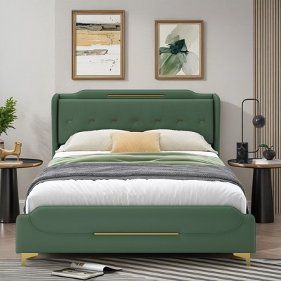 Grungis Wingback Bed Frame with Headboard & Footboard,PU Leather Upholstered Platform Bed with Gold Metal Decor,No Box Spring Needed