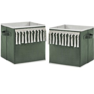 Sweet Jojo Designs Boy or Girl Gender Neutral Unisex Set of 2 Kids Decorative Fabric Storage Bins Boho Fringe Green and Ivory - 1 of 4