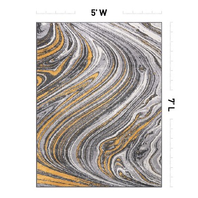 Yellow and Gray Abstract Swirl 5' x 7' Stain-Resistant Synthetic Rug