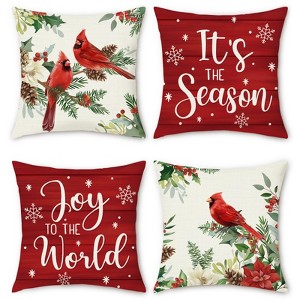Christmas Cardinal Throw Pillow Covers 18 x 18 Inch Poinsettia Red Bird Holly Berries Floral Joy to The World - 1 of 3