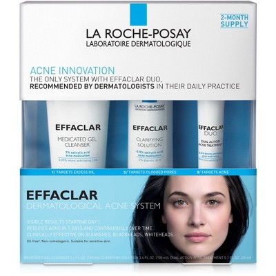 La Roche Posay Effaclar Dermatological Acne Treatment 3-Step System Kit with Medicated Gel Cleanser, Clarifying Solution and Effaclar Duo - 7.5 fl oz