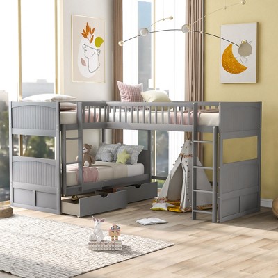 Twin Over Twin Bunk Bed With Twin Size Loft Bed With 2 Drawers, Gray ...