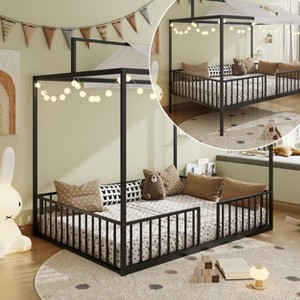 Twin/Full Size 3-in-1 Convertible Montessori Metal Floor Bed, Fenced Toddler Bed, Canopy Platform Bed - ModernLuxe - 1 of 4