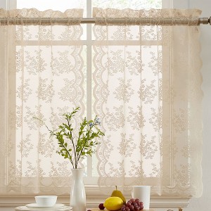 HLC.ME Jolene Floral Rod Pocket Lace Semi Sheer Voile Short Cafe Tiers - Set of 2 - 1 of 4