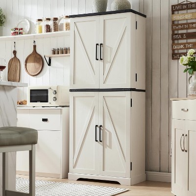 SinCiDo Farmhouse Kitchen Pantry with Barn Doors and Adjustable Shelves, Storage Cabinet, Rustic Wood Cupboard for Kitchen