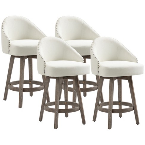 HOMCOM Bar Stools Set of 4 Linen Fabric Kitchen Counter Stools with Nailhead Trim Rubber Wood Legs and Footrest for Dining Room Pub Cream White