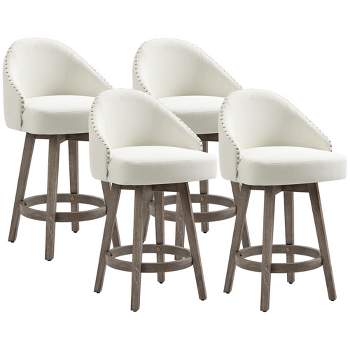HOMCOM Bar Stools Set of 4, Linen Fabric Kitchen Counter Stools with Nailhead Trim, Rubber Wood Legs and Footrest for Dining Room, Pub, Cream White