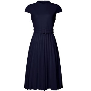 INSPIRE CHIC Women's Mock Neck Cap Sleeve Belted A-Line Midi Pleated Dresses - 1 of 4