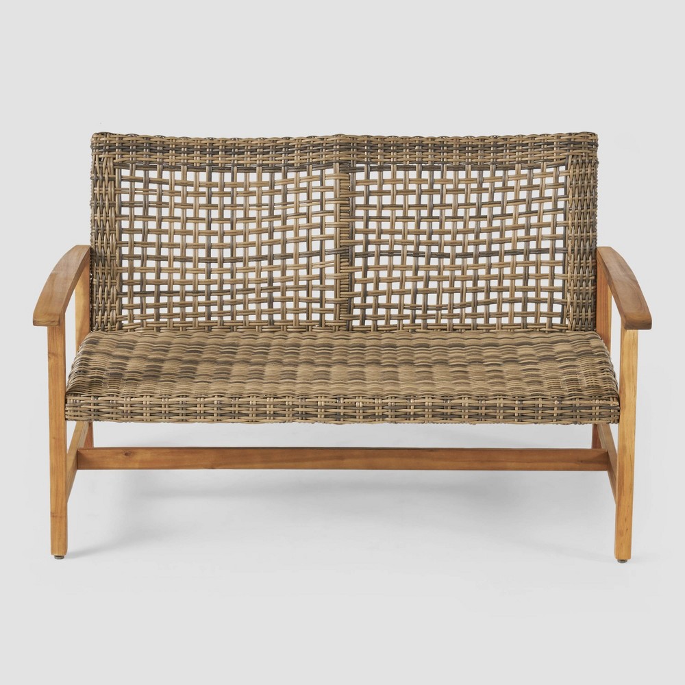 Photos - Sofa Hampton Wicker Loveseat: Natural/Gray, Acacia Frame, Handwoven, Weather-Resistant - Christopher Knight Home