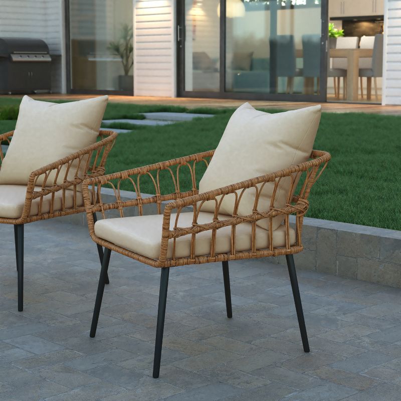 Emma and Oliver Indoor/Outdoor Bohemian Natural Rattan Rope Patio Chairs with Open Weave Design and Removable Plush Cushions, 3 of 6