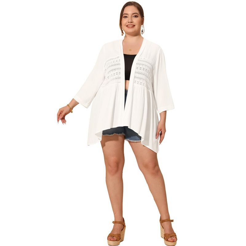 Agnes Orinda Women's Plus Size 3/4 Sleeve Lace Panel High-Low Hem Trendy Beach Cardigans, 3 of 6